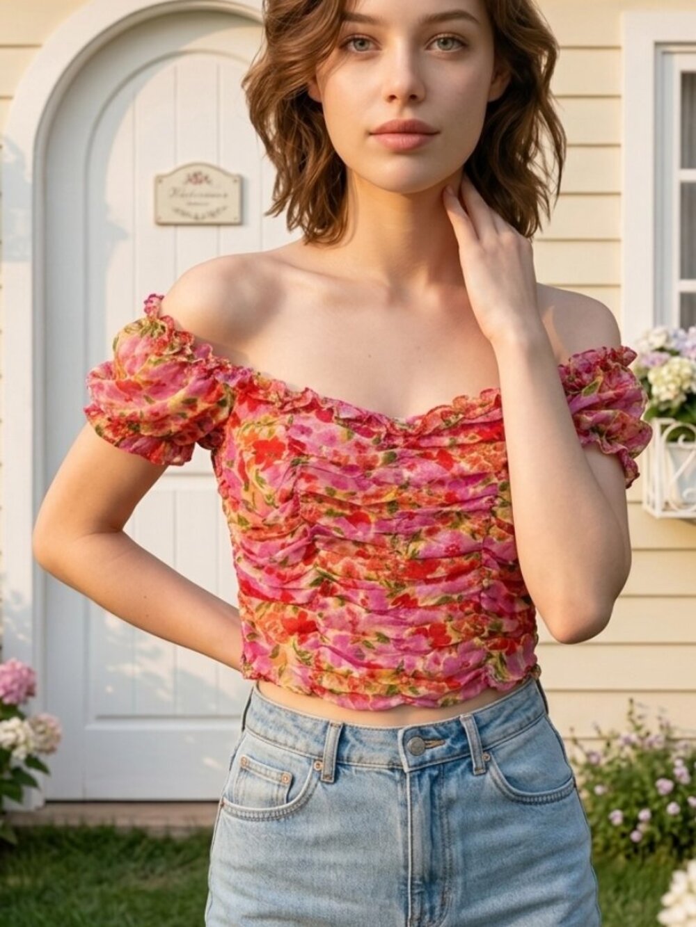 Floral Crop Top Womens XS Cottagecore Coquette Bloomcore Dopamine Fairy
